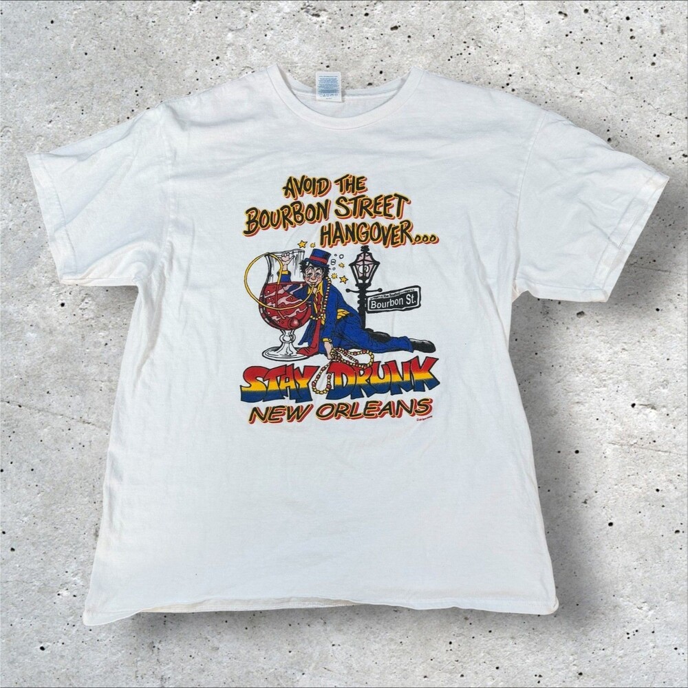 Vintage Y2K New Orleans Bourbon Street T Shirt Funny Stay Drunk Graphic Tee L